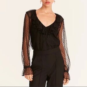 J Crew ruffle neck top clip dot long sleeve black NEW